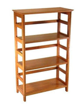 A three-shelf wooden bookcase, showcasing a classic design for organizing books and personal belongings.